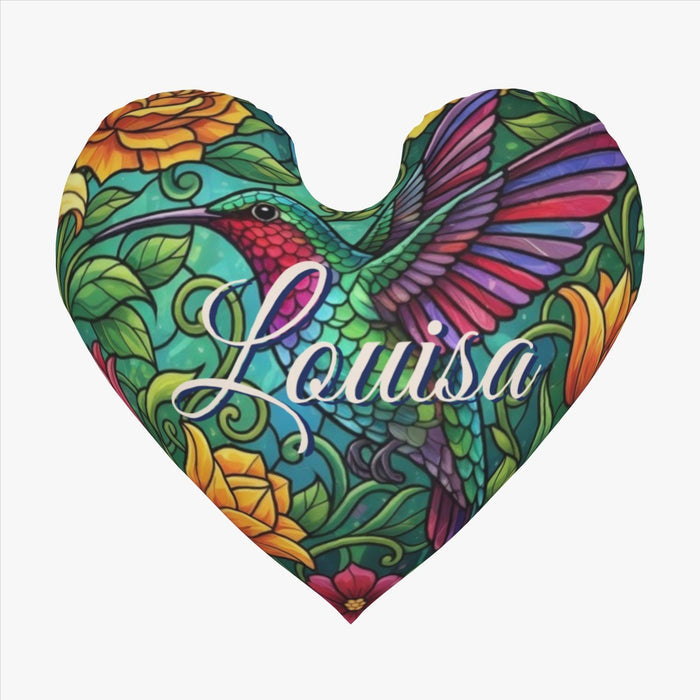 Hummingbird heart plush pillow with colorful floral wings and name Louisa