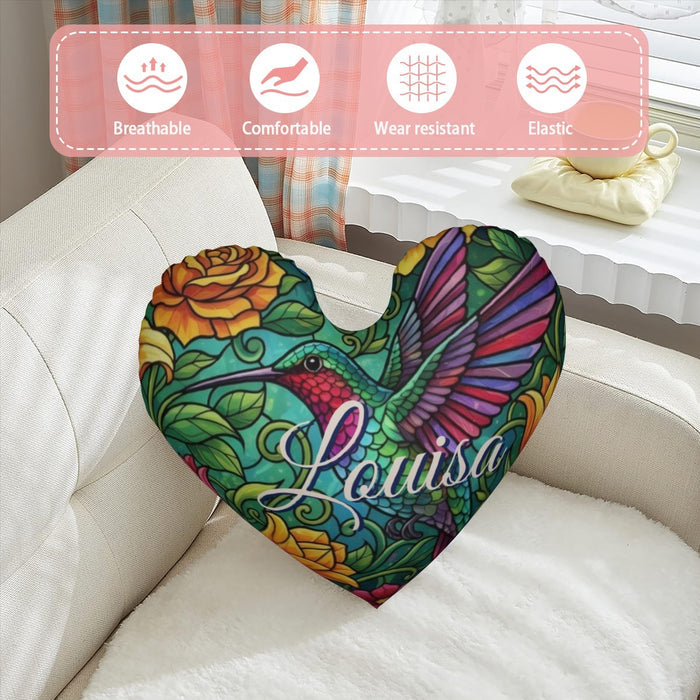 Hummingbird heart plush pillow with colorful wings and name Louisa