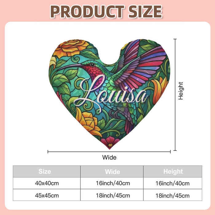 Heart-shaped hummingbird pillow size chart with width and height