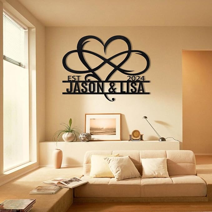 Infinity heart metal wall sign showing EST Jason & Lisa and 2024