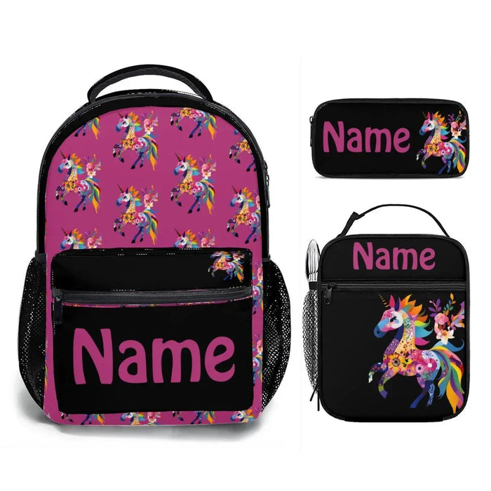Kids school backpack set with pink unicorn pattern, black front pocket, and name label