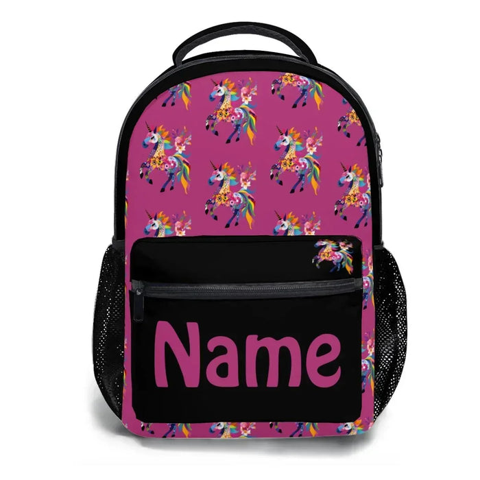 Kids school backpack with pink unicorn pattern, black front pocket, and name label