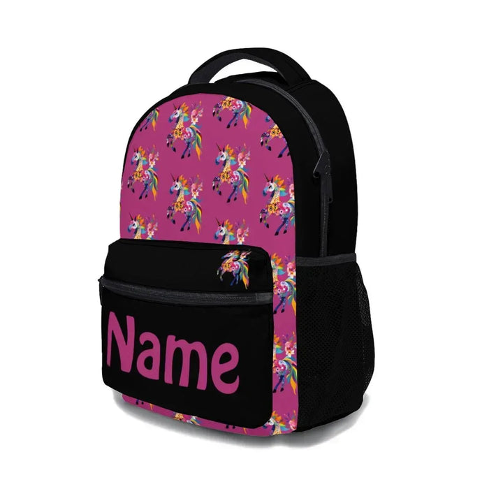 Kids school backpack with unicorn pattern, black front pouch with name patch