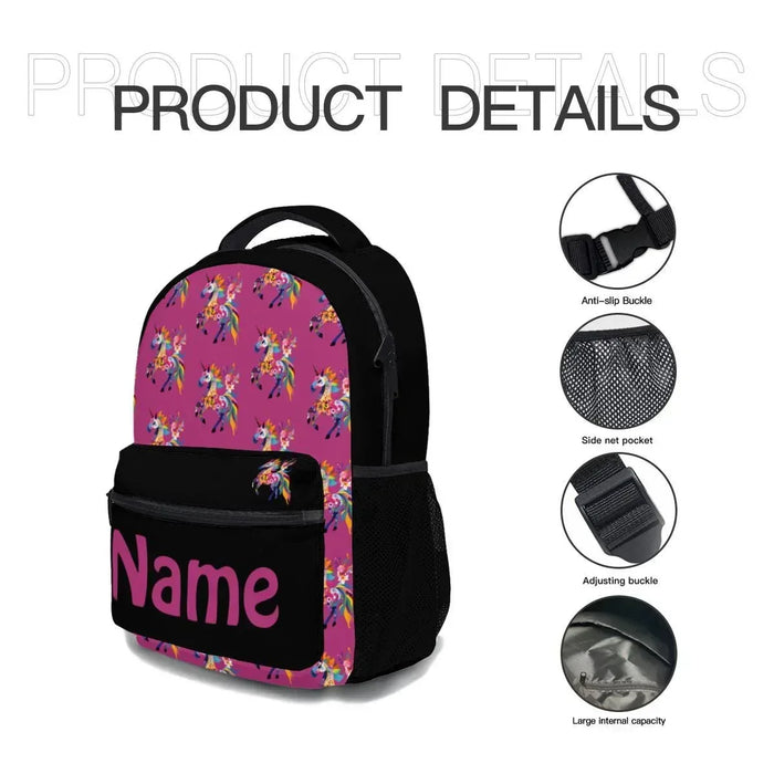 Kids school backpack with unicorn print, black side mesh pocket and adjustable straps