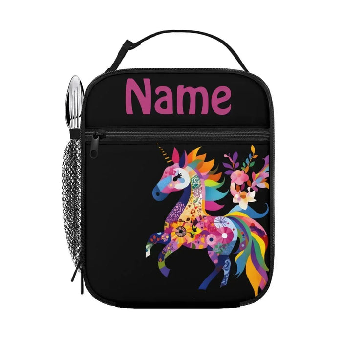 Insulated lunch tote with unicorn graphic, name text panel, and top handle