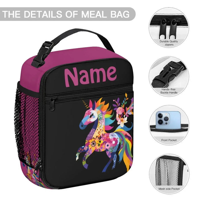 Insulated lunch tote with unicorn graphic, name panel, and side mesh pocket
