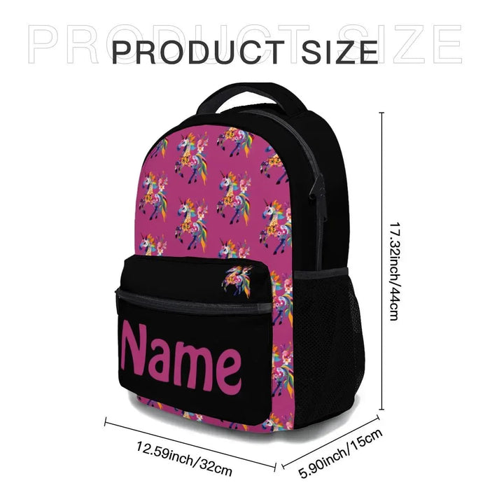 Kids school backpack with unicorn pattern and name front pocket, front view