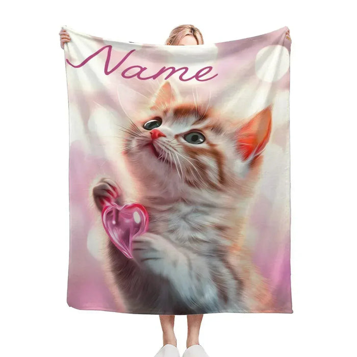 Personalized kitten blanket featuring a close-up kitten face with pink heart accessory