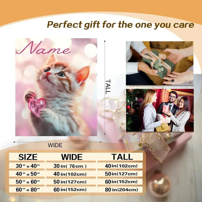 Personalized kitten blanket size chart showing pink kitten face design