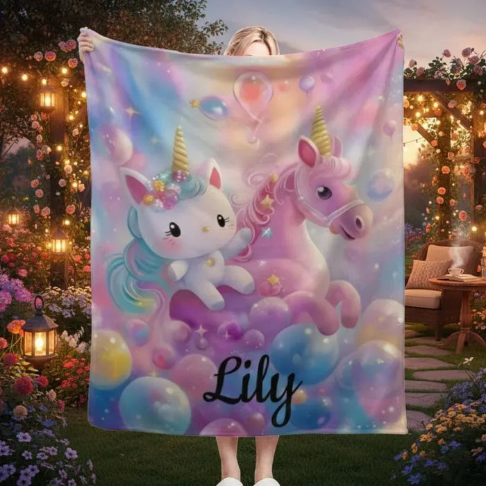 Personalized fleece blanket with unicorns and name Lily, pastel purple blue hearts