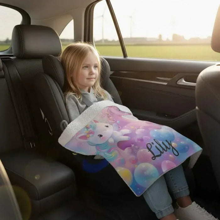 Personalized fleece blanket with unicorns and name Lily, pastel pink and blue