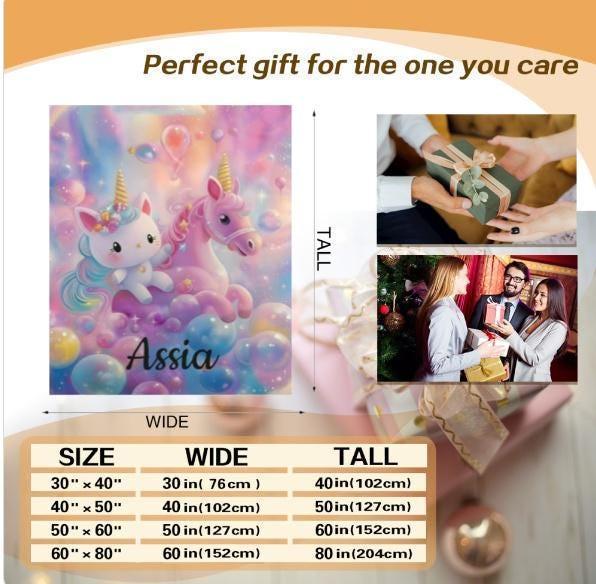 Personalized fleece blanket with unicorn cat design, name Assia on pastel galaxy print