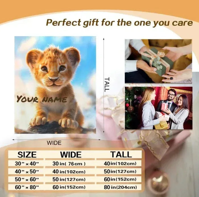 Personalized lion cub baby blanket with size chart showing wide and tall options