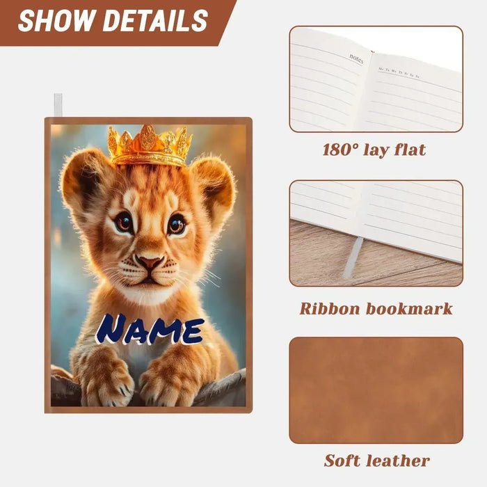 A5 notebook cover with lion cub and blue NAME text; includes ribbon bookmark detail