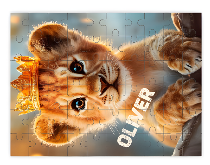 Wooden jigsaw puzzle with lion cub artwork in assembled 60-piece layout