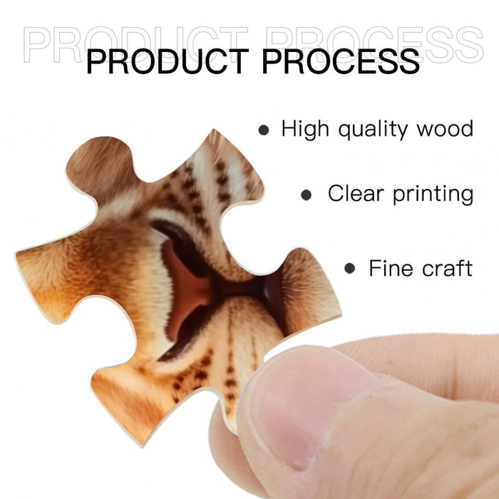 Wooden jigsaw puzzle piece with printed lion pattern, finger holding