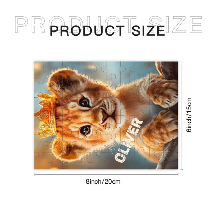 Wooden jigsaw puzzle size diagram showing lion cub artwork, 15x20 cm