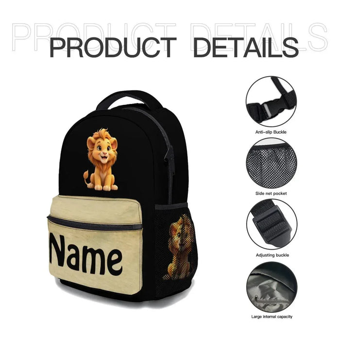 Kids lion backpack features: mesh side pocket, adjustable straps, beige 'Name' front