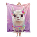 Pink fleece throw blanket with white llama face and “Your Name Here” text