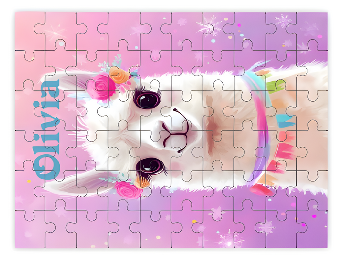 Wooden jigsaw puzzle with centered purple llama face and floral accents