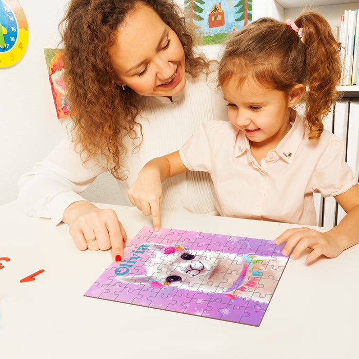 Wooden jigsaw puzzle being assembled, colorful llama picture on board