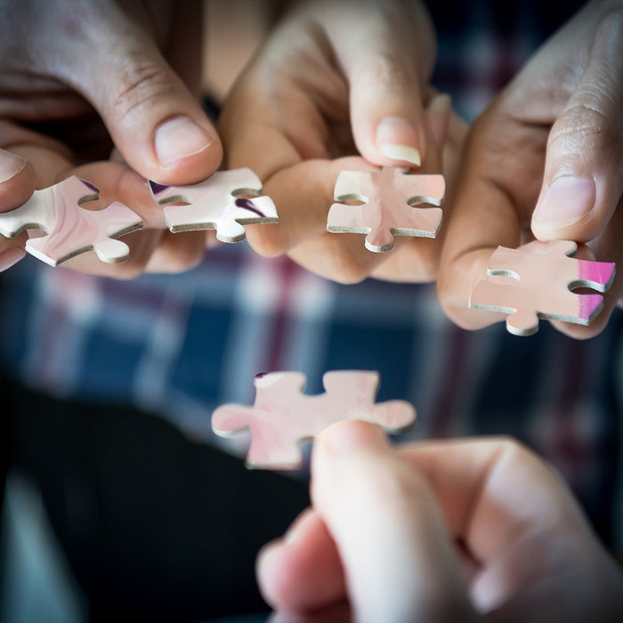 Hands holding small wooden jigsaw pieces with colorful llama-themed printing