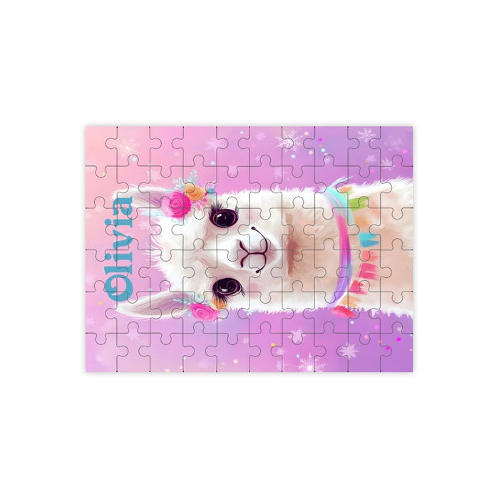 Wooden jigsaw puzzle with purple llama-face artwork, 60 interlocking pieces