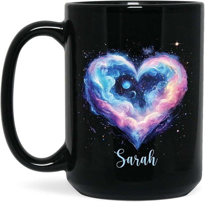 Black ceramic mug with colorful galaxy heart graphic and custom name Sarah
