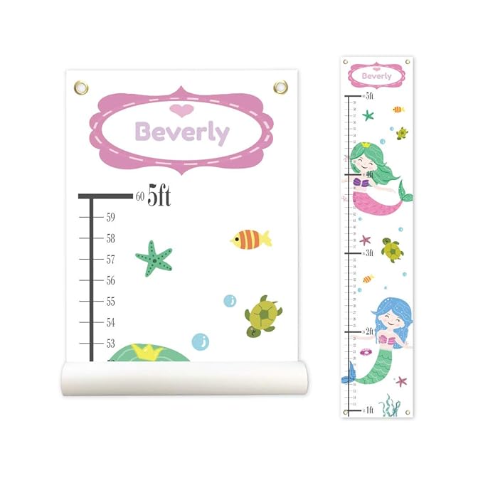 Personalized Mermaid Growth Chart for Kids – Canvas with Name | 55" x 11" | Measures 1ft–5ft | Made in USA | Kids Room Decor & Gift
