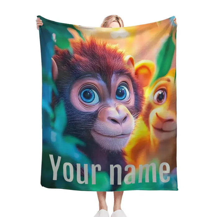 Personalized monkey animal blanket with bright jungle face art and “Your name”
