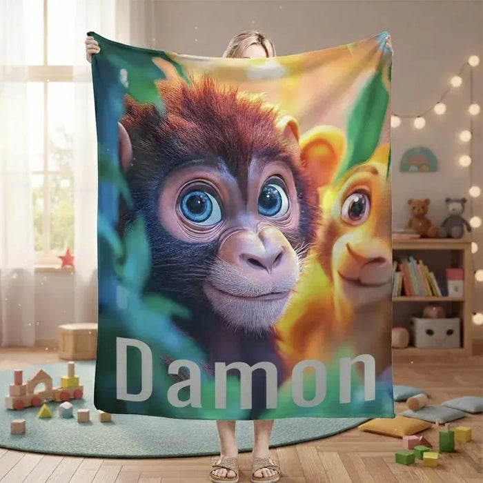 Personalized animal fleece blanket with colorful monkey face and large name text