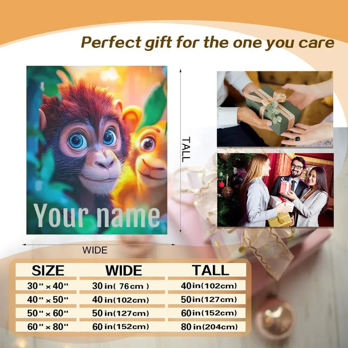 Personalized jungle animal blanket layout showing monkey face and size guide graphic