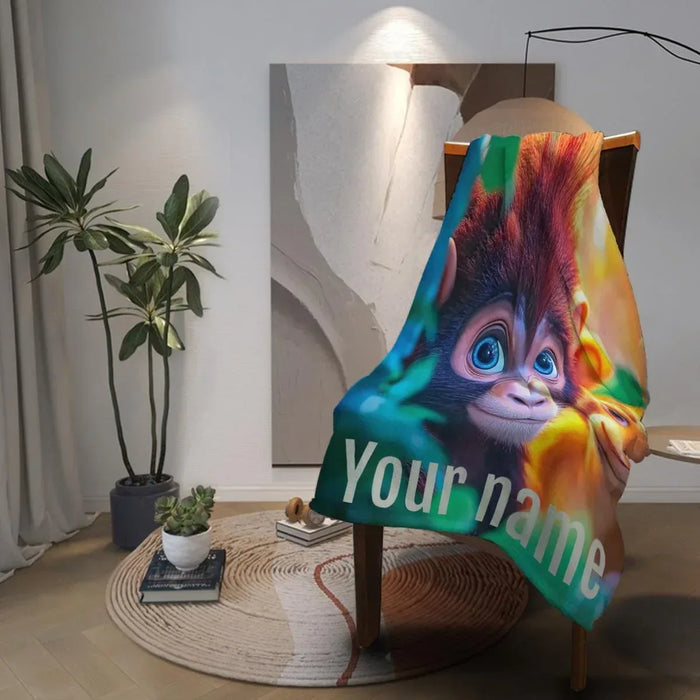Personalized monkey jungle animal fleece blanket with colorful face and name text