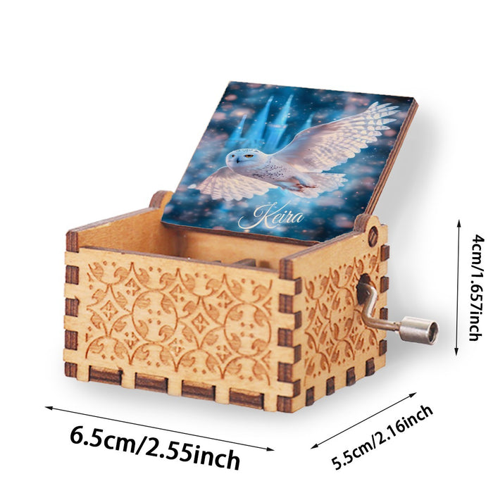 Wooden music box with blue owl lid, winding crank, 6.5x5.5x4.7 in