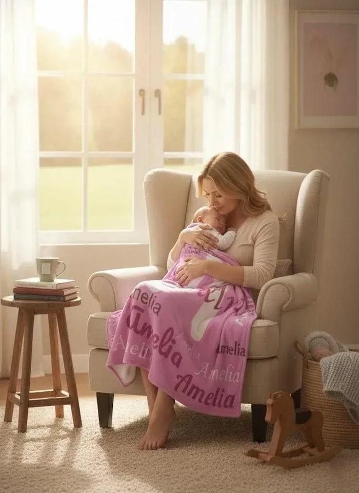 Pink fleece throw blanket with Amelia name pattern draped over a person