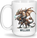White ceramic mug with a detailed mechanical dragon illustration and name text