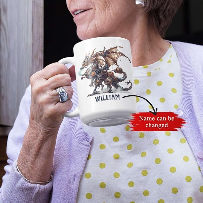 White ceramic mug held in hand, featuring a mechanical dragon graphic and name