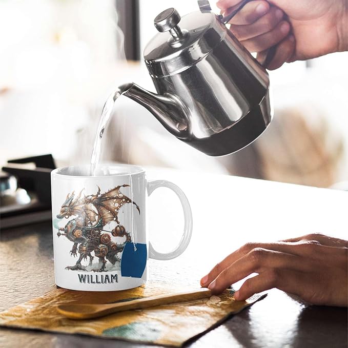 White ceramic mug on a table while pouring coffee, with mechanical dragon and name