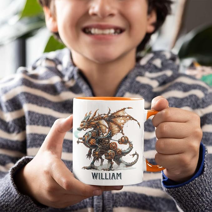 Kids holding a white ceramic mug with mechanical dragon artwork and name text