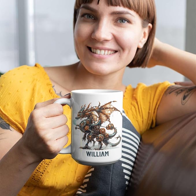 Woman holding a white ceramic mug with mechanical dragon graphic and name