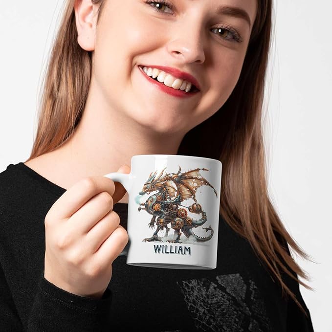Smiling woman holding a white ceramic mug with mechanical dragon illustration and name