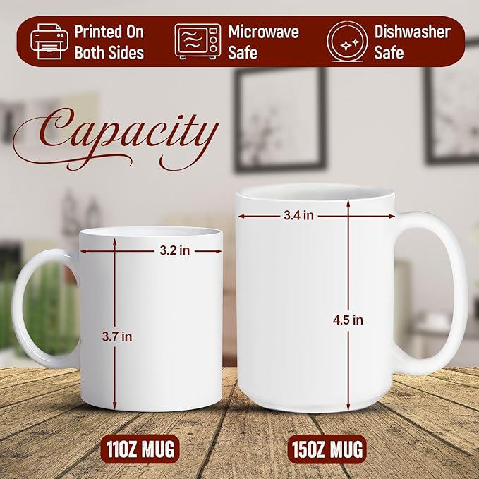 White ceramic mug size chart with dimensions and microwave and dishwasher safe icons