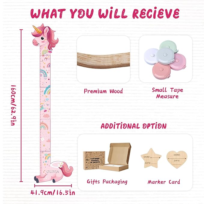Unicorn wooden growth chart size and materials infographic with measurement scales and accessories.