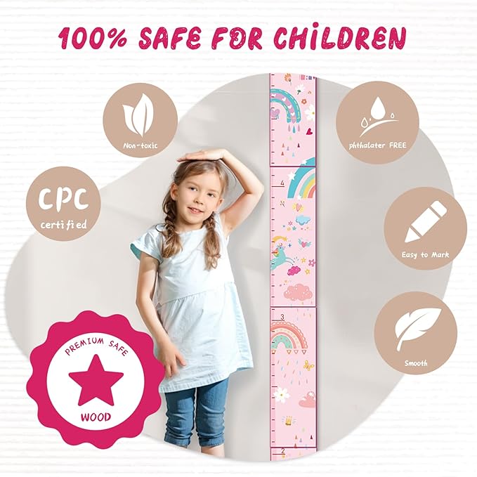 Safety feature graphic for kids unicorn wooden growth chart with CPC and smooth wood icons.
