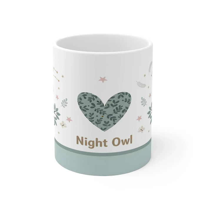 Personalized owl mug, white with green heart design, stars, and Night Owl text