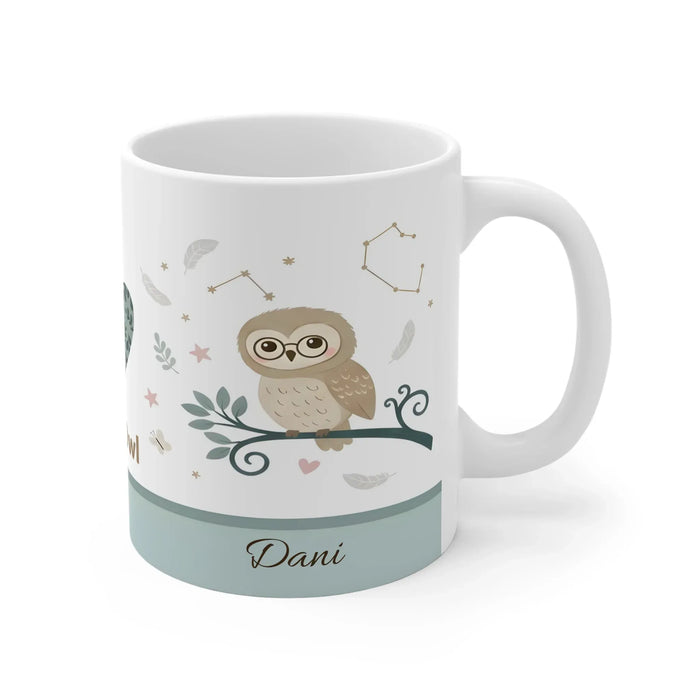 Personalized owl mug, white with owl on branch, constellation icons, and Dani name