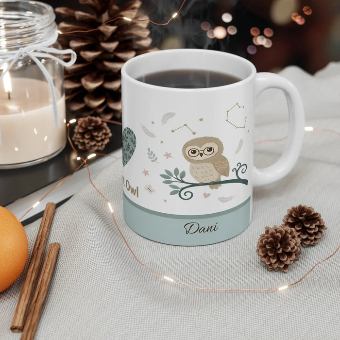 Personalized owl mug, white with owl and constellation print, Dani name, filled drink