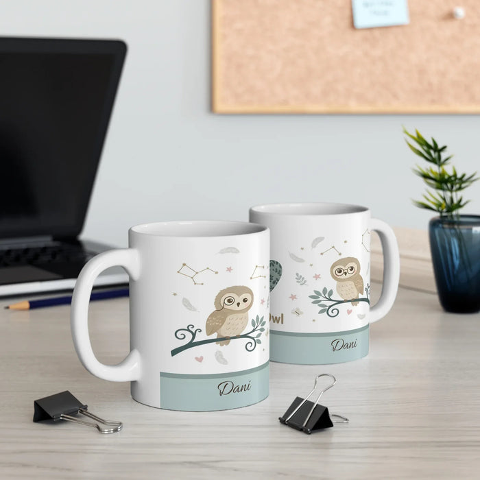 Set of two personalized owl mugs, white with owl prints and Dani names