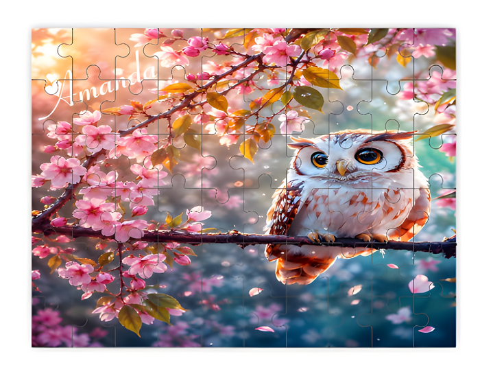 Completed owl jigsaw puzzle with cherry blossom branches and a perched owl.