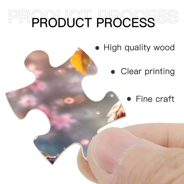 Owl jigsaw puzzle piece held by fingertips, showing cherry blossom print.
